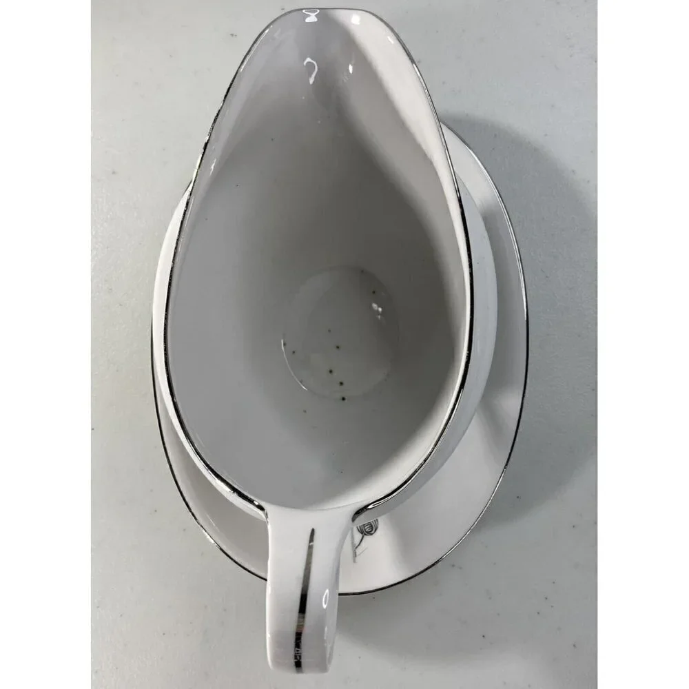 Bavaria Germany‎ Fine China Mid-Century Blue Brown Leaf Gravy Boat Silver Edging